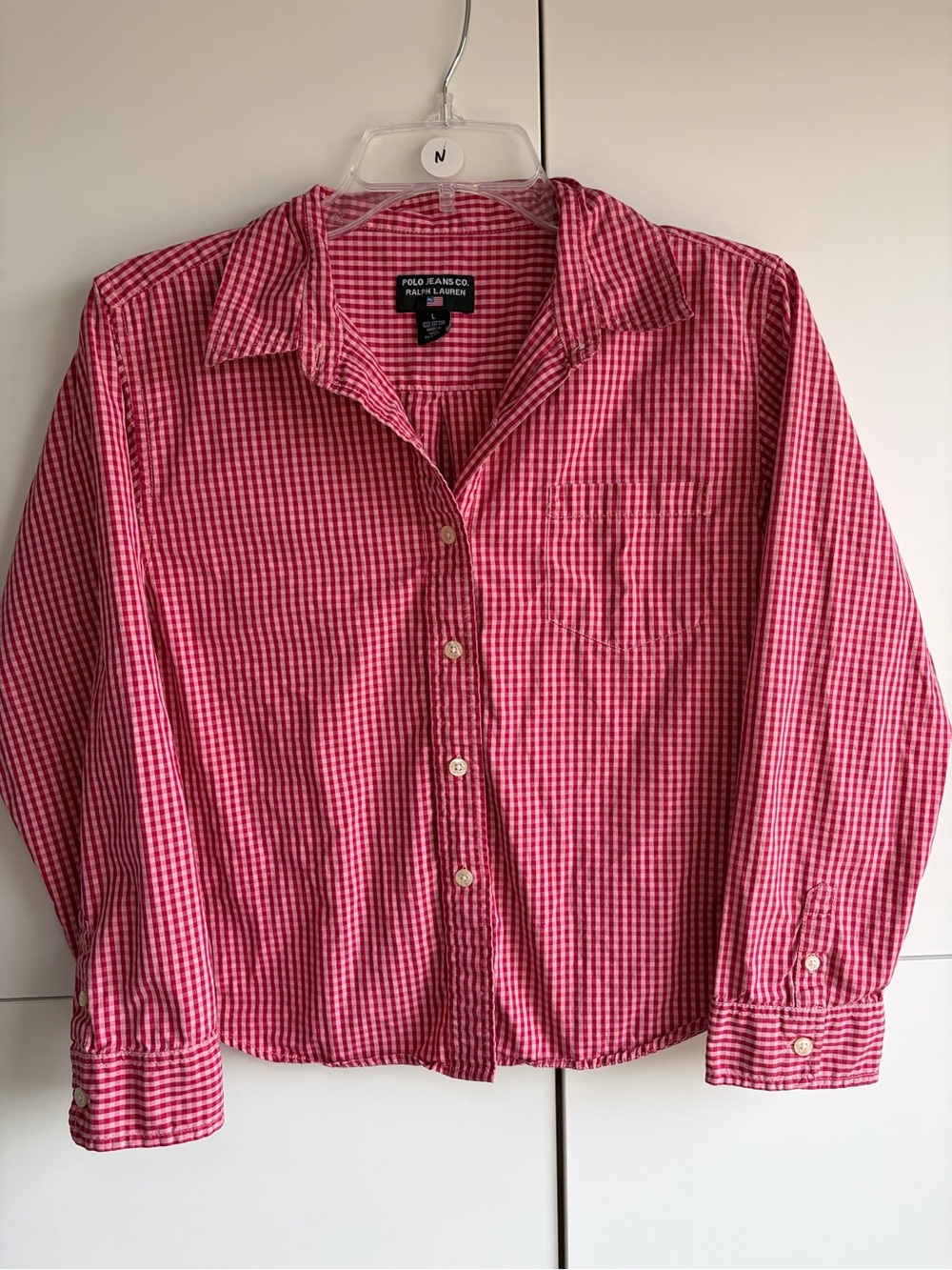 Polo Jean Co Ralph Lauren Women’s Red Pink Gingham Cropped Button-Up Size Large